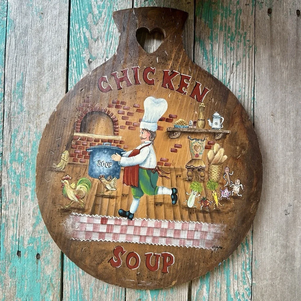 VTG Folk Art Hand Painted Wooden Cutting Board Wall Decor Chicken Soup Signed